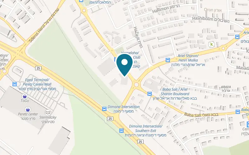 Map showing Desert Sounds Hotel at 1 Ariel Sharon Boulevard, Dimona