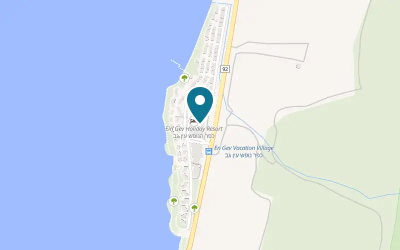 Map showing Ein Gev Holiday Resort at Kibbutz Ein Gev, on the eastern shore of the Sea of Galilee, Ein Gev
