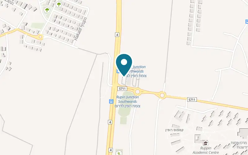 Map showing Falafel Baribua Ruppin at Paz Zach filling station, Hadera to Beit Lid road, at the entrance to the Ruppin college, Midreshet Ruppin