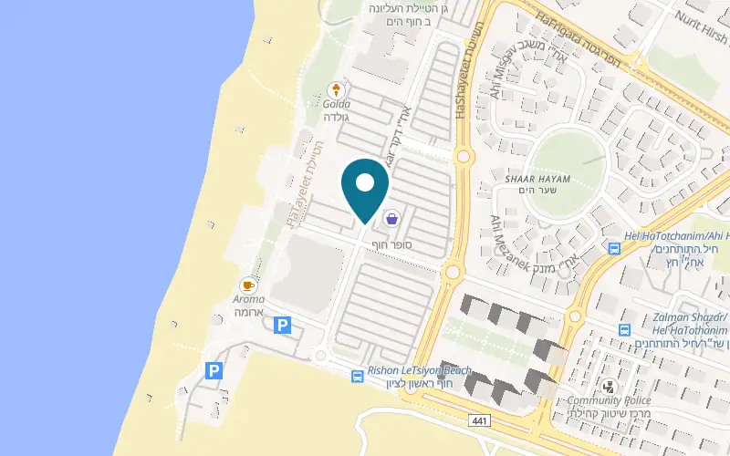 Map showing HaKarish Pizza Bar at 6 Ahi Dakar Street, in the filling-station compound by the beach car park, Rishon LeZion
