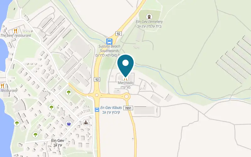 Map showing Marinado Ein Gev at Opposite the entrance to Kibbutz Ein Gev, Ein Gev