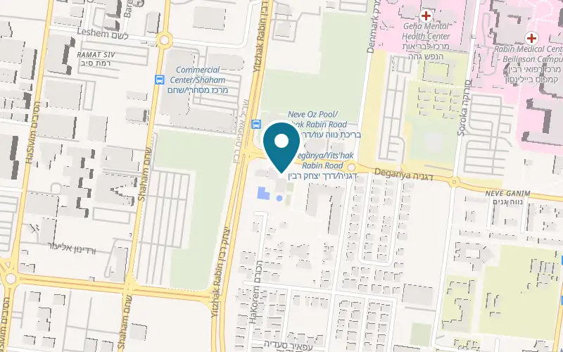 Map showing Neve Oz Sports Center at 1 Dganya Street, at the corner of Derech Rabin, Neve Oz, Petah Tikva