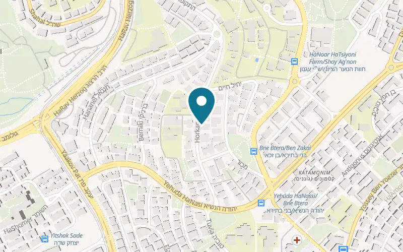 Map showing Neve Shaanan Yoga Center at 14 Horkanya Street, Jerusalem