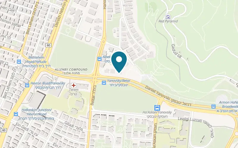 Map showing Piedra Arnona at 17 Daniel Yanovsky Street, Arnona, near the Armon HaNatziv promenade, Jerusalem