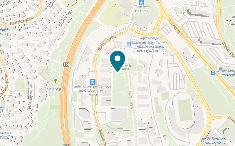 Map showing Safra Sports Center at Museums Boulevard, Hebrew University, Edmond J. Safra Campus, Givat Ram, Jerusalem