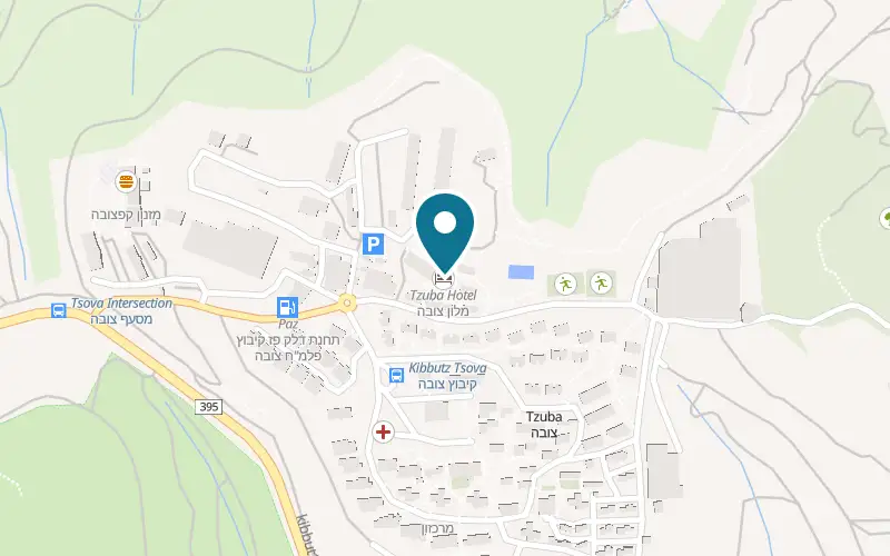 Map showing Tzuba Hotel at Kibbutz Tzuba, Harei Yehuda, Tzova