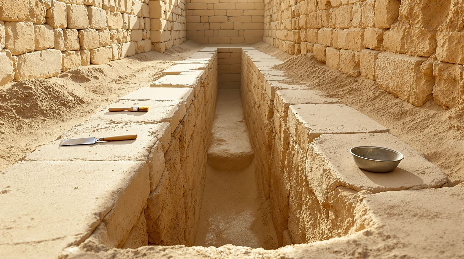 Illustration of an excavation trench in Jerusalem with lifted limestone floor slabs, brushes and a sieve in early morning light.
