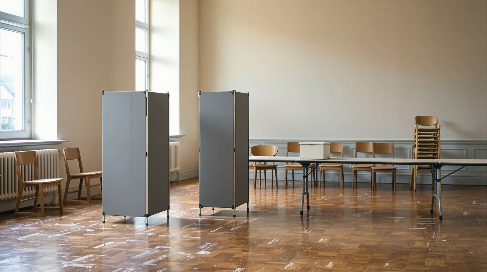 Illustration of an empty small-town German community hall with plain voting booths and a table after polls close.