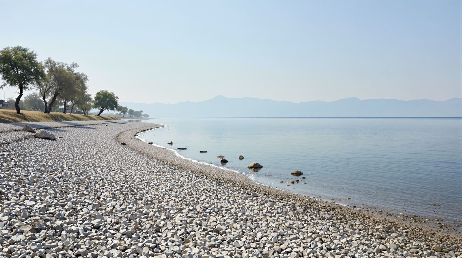 Illustration of a quiet, empty shoreline of the Sea of Galilee at dawn, with shallow warm water and distant hazy hills.