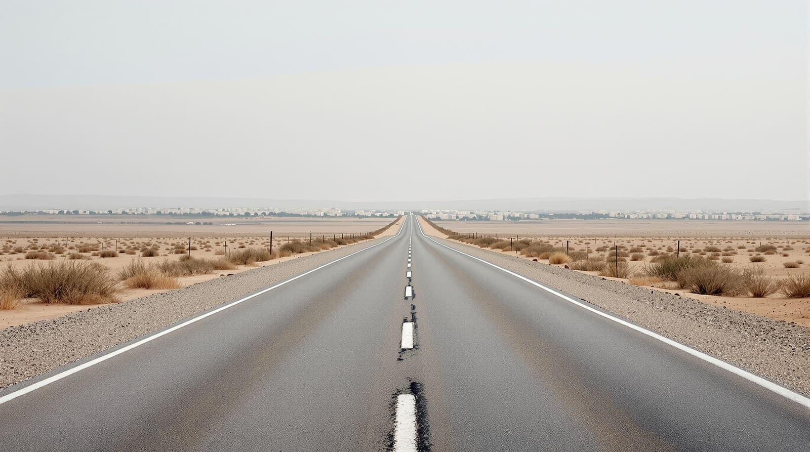 Illustration of an empty two-lane road through flat Negev scrubland at dawn, a pale low town visible far off on the horizon.