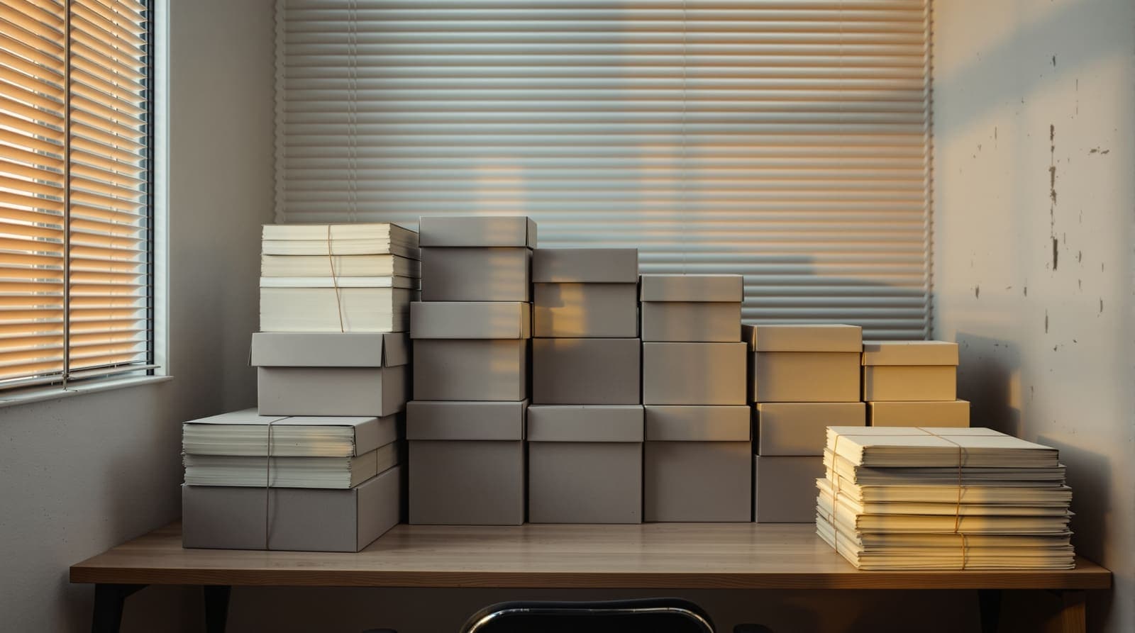 Illustration of stacked archive boxes and string-tied bundles of paper on a desk in a shuttered office at dusk.