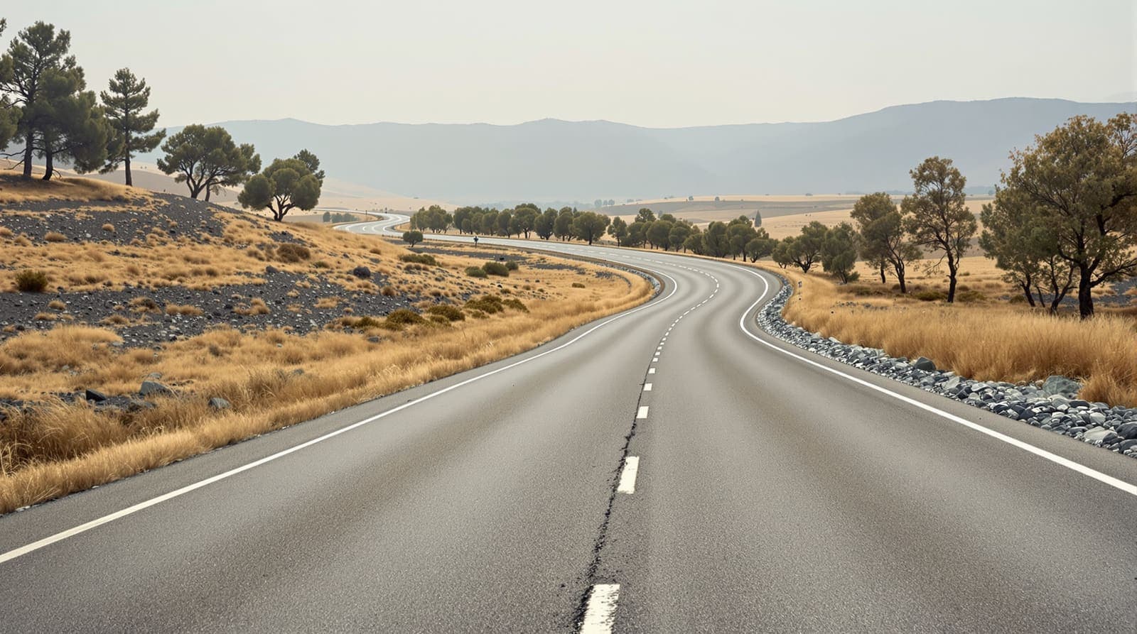 Illustration of an empty highway curving through the Upper Galilee plateau under an overcast sky, eucalyptus trees along the roadside.