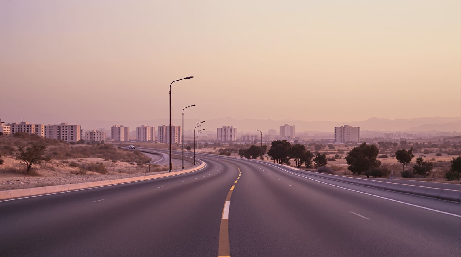 Illustration of an empty multi-lane highway through a pale Israeli city at dusk, lanes quiet beneath a fading sky.
