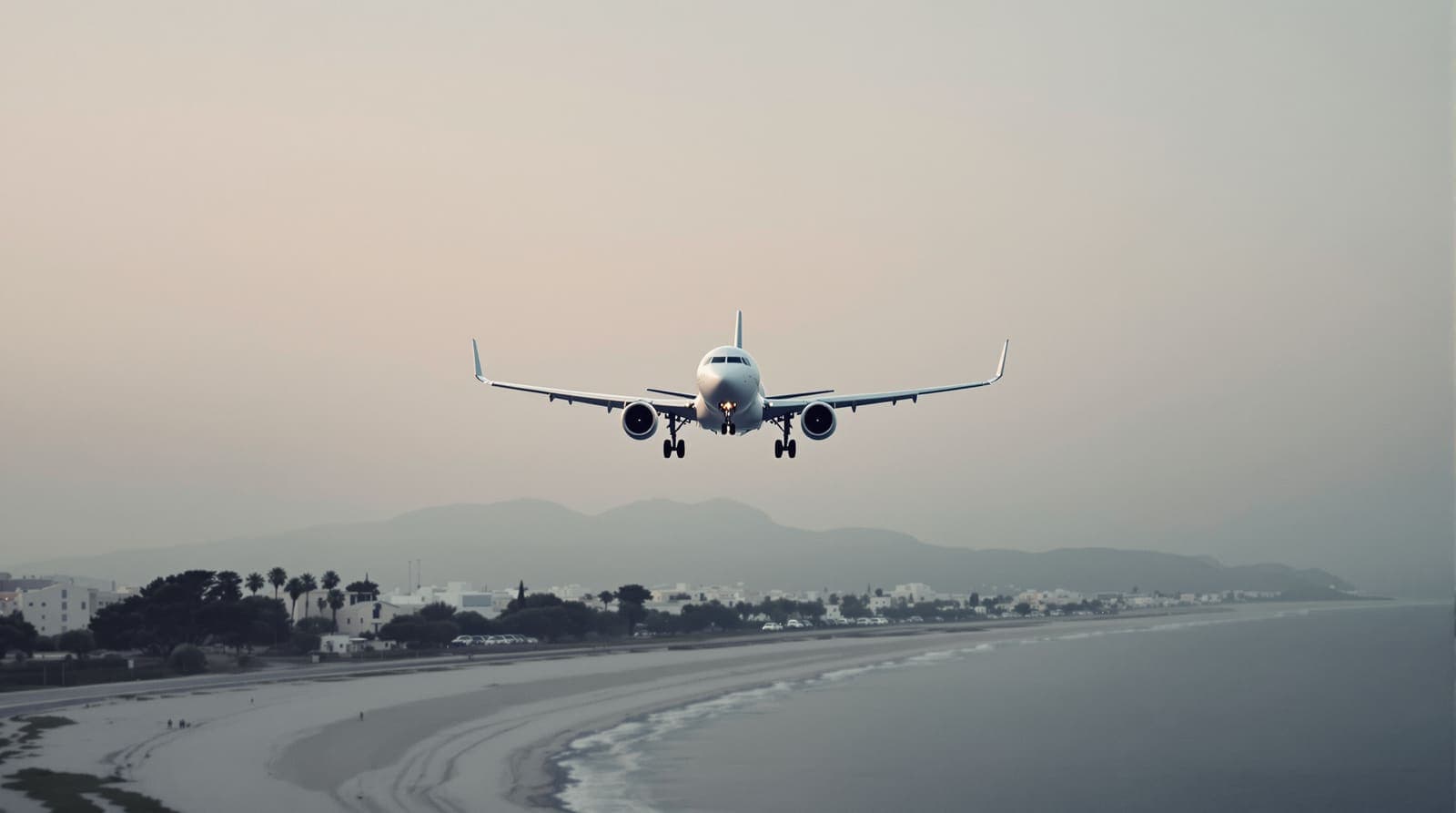 Illustration of a plain white passenger jet on approach over a calm Mediterranean shoreline under a pink dawn sky