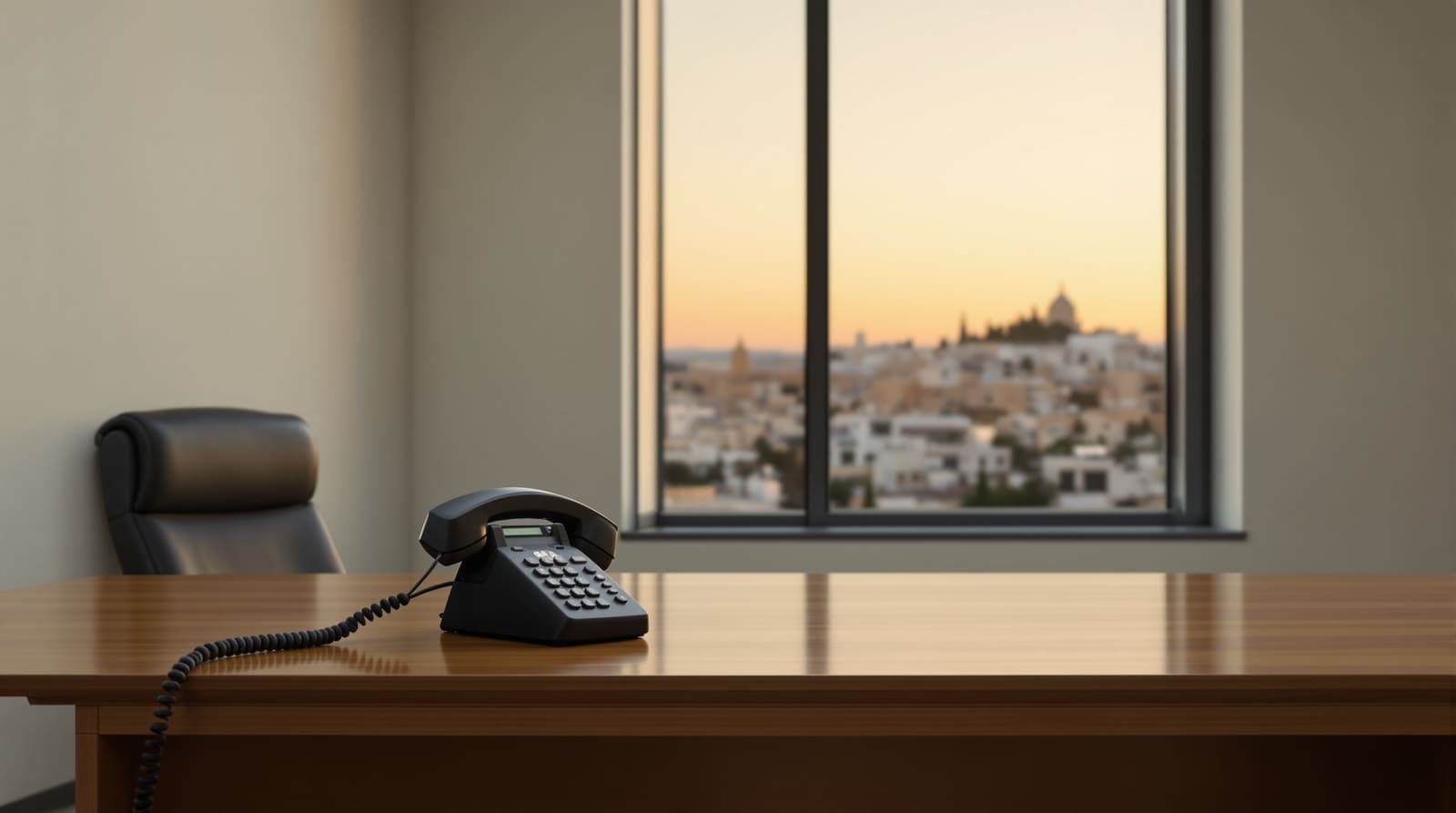 Illustration of an empty office desk with a telephone before a window overlooking Jerusalem's limestone skyline at dusk