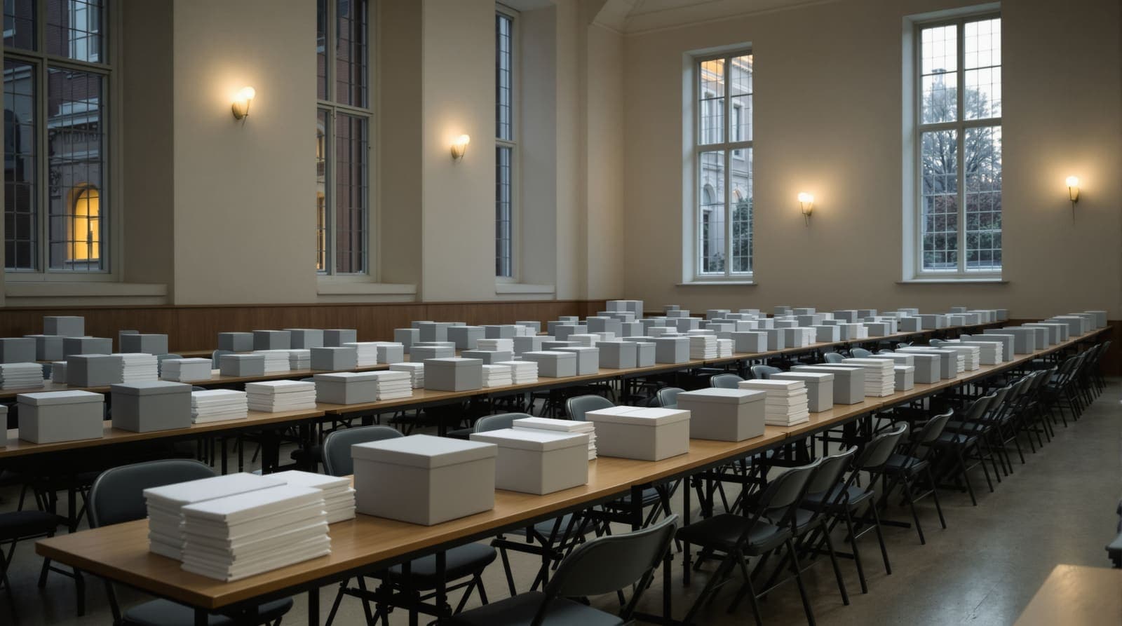 Illustration of a quiet counting hall with sealed ballot boxes and stacks of blank envelopes on long tables at dusk