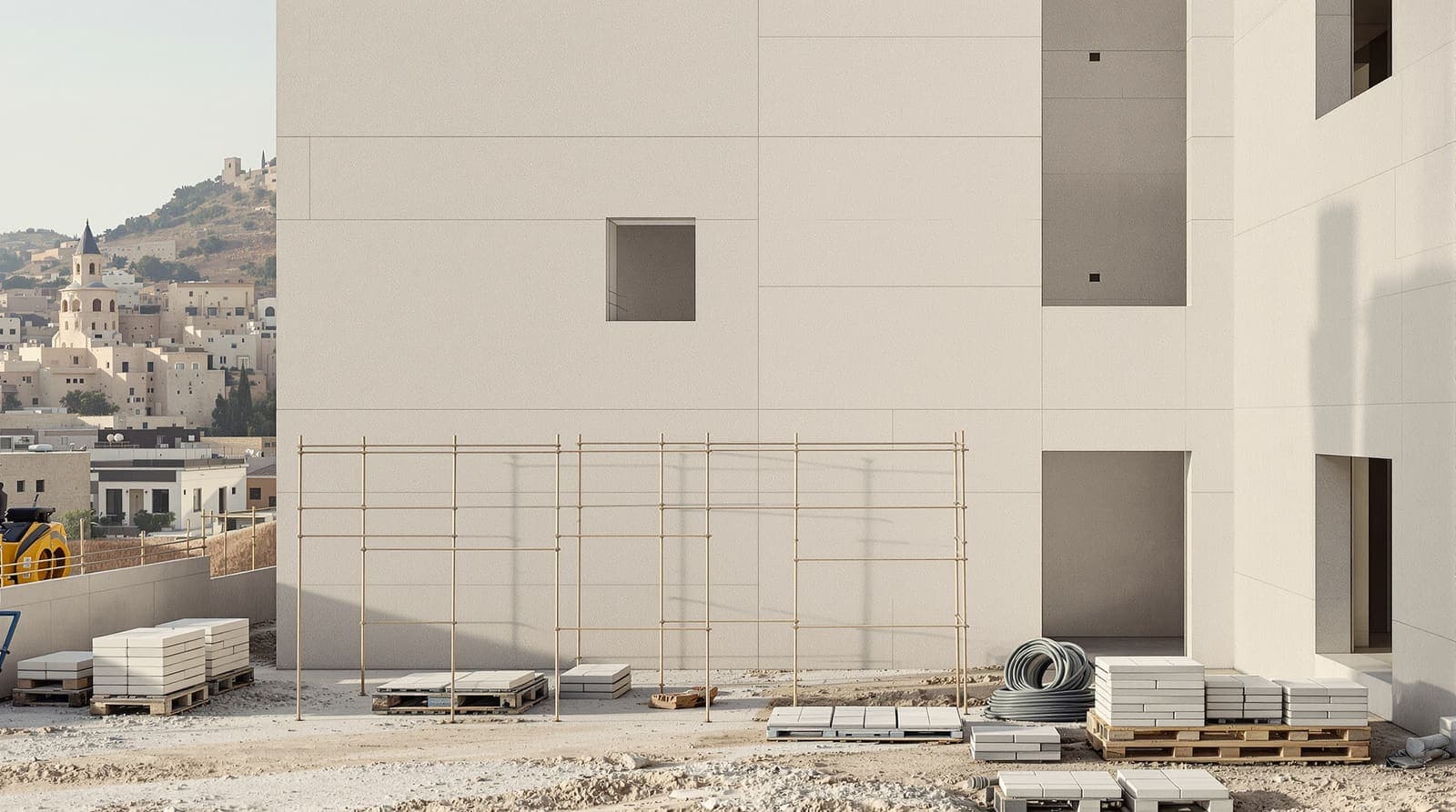 Illustration of a quiet, empty Jerusalem construction site with scaffolding and stacked blocks in soft morning light.