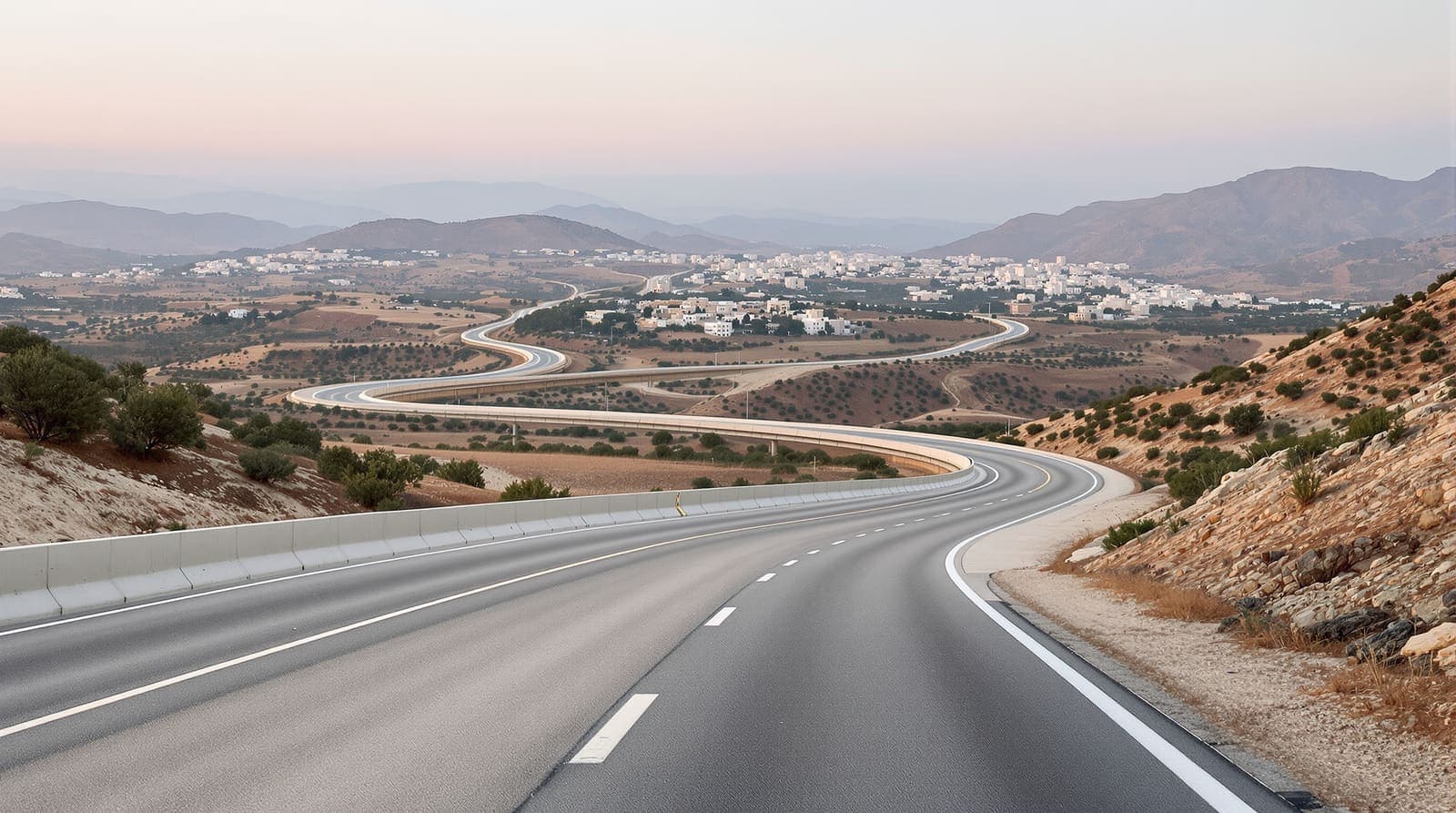 Illustration of an empty highway junction winding through terraced limestone hills with distant stone villages at dawn.
