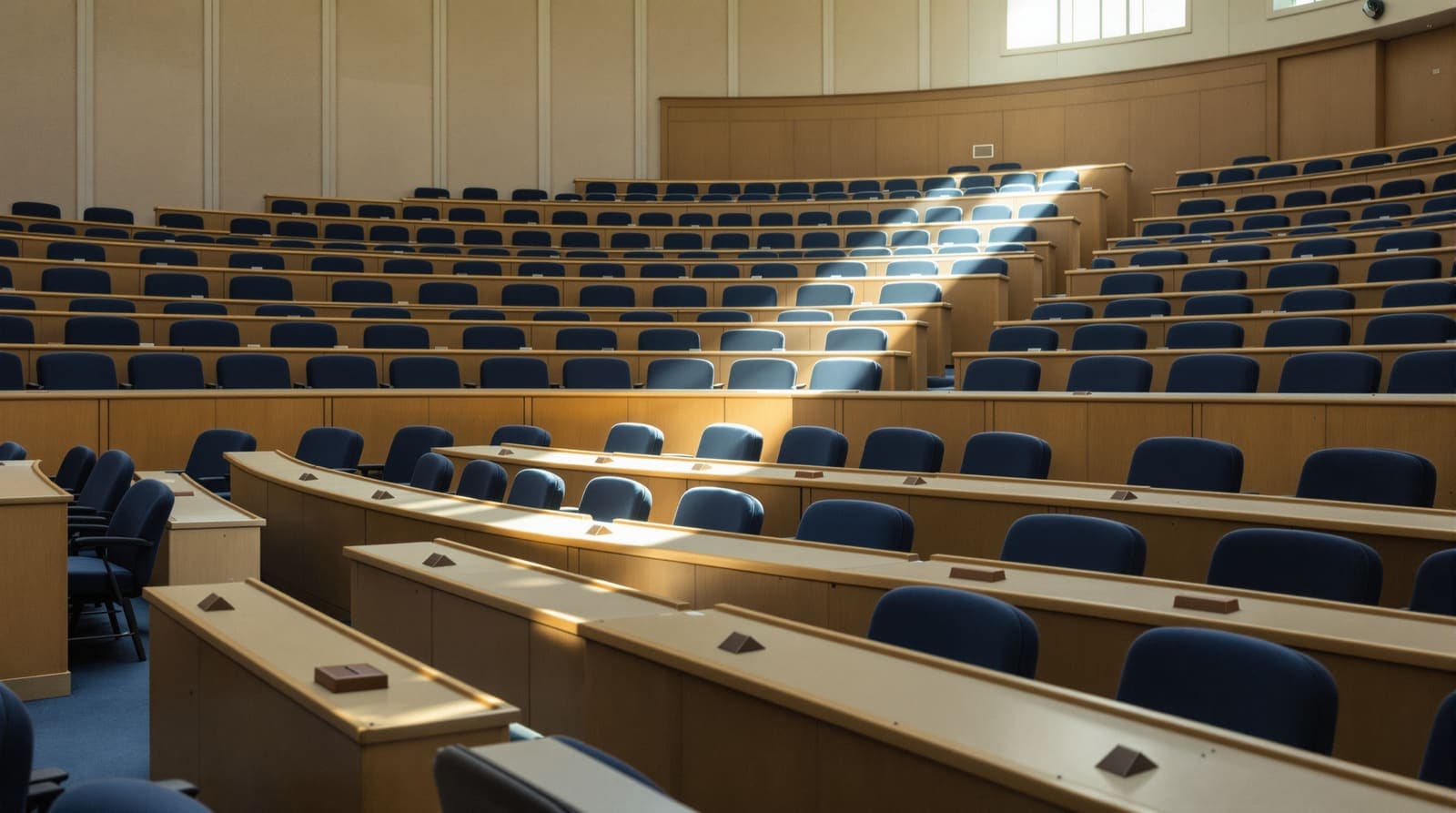 Illustration of the curved tiers of an empty parliamentary chamber in Jerusalem, one seat in the second row lit by morning light.