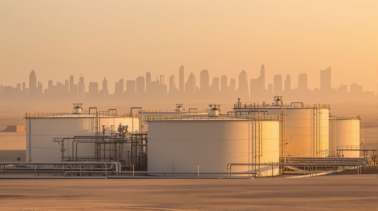Illustration of pale oil storage tanks at an industrial site on the desert edge of Riyadh at dawn, with the city skyline in haze