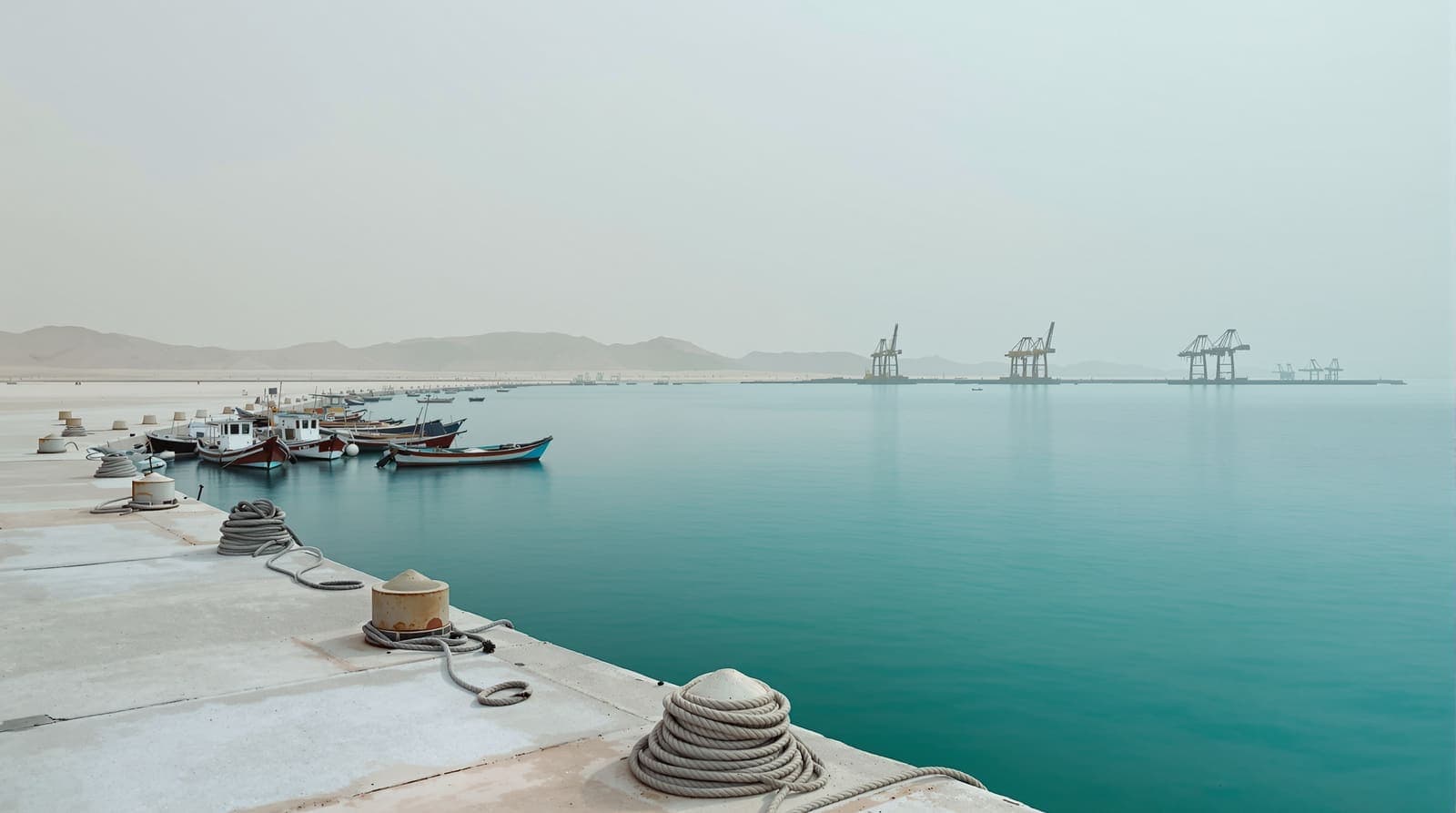 Illustration of a quiet arid Red Sea quay at dawn, with fishing boats on pale sand and distant cranes in haze.