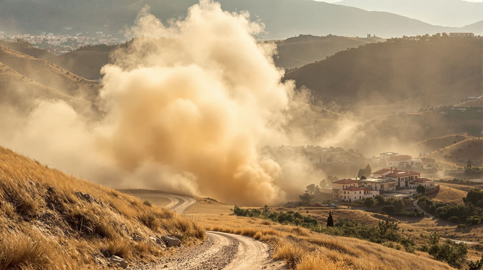 Illustration of a dust plume rising from a hill track through olive terraces toward a West Bank town of pale stone villas at late afternoon.