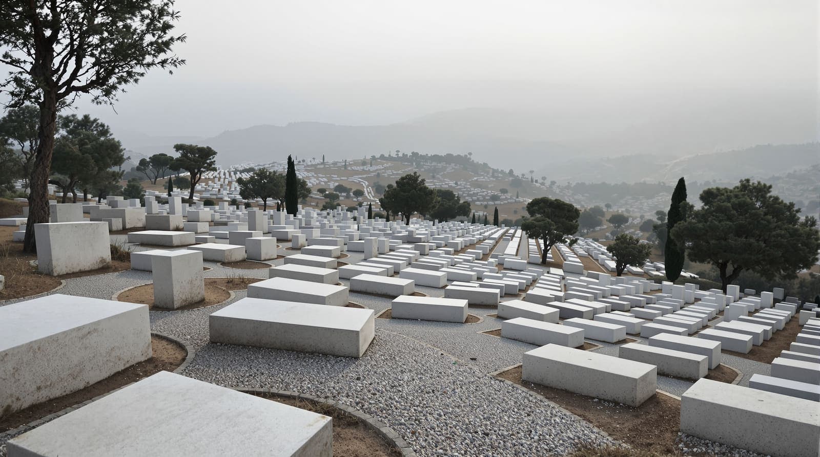 Illustration of a quiet hillside cemetery of pale limestone terraces among cypress and olive trees in the Samarian hills at dawn.
