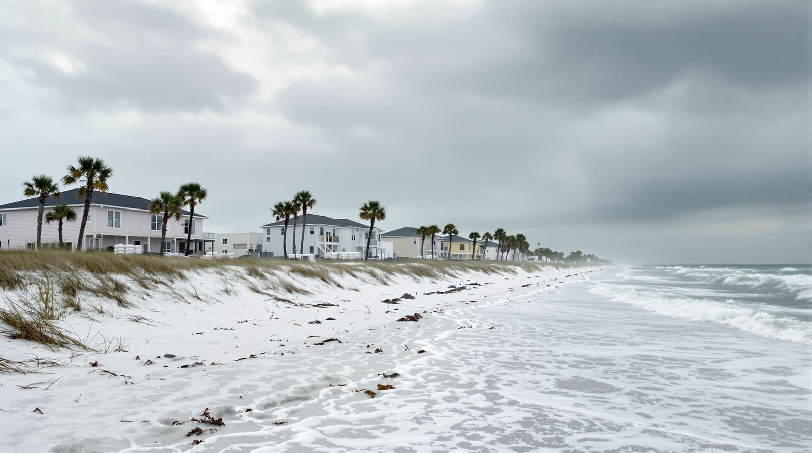 Illustration of a Florida Panhandle beach under grey storm skies, with heavy surf, bending palms and shuttered holiday homes behind the dunes.