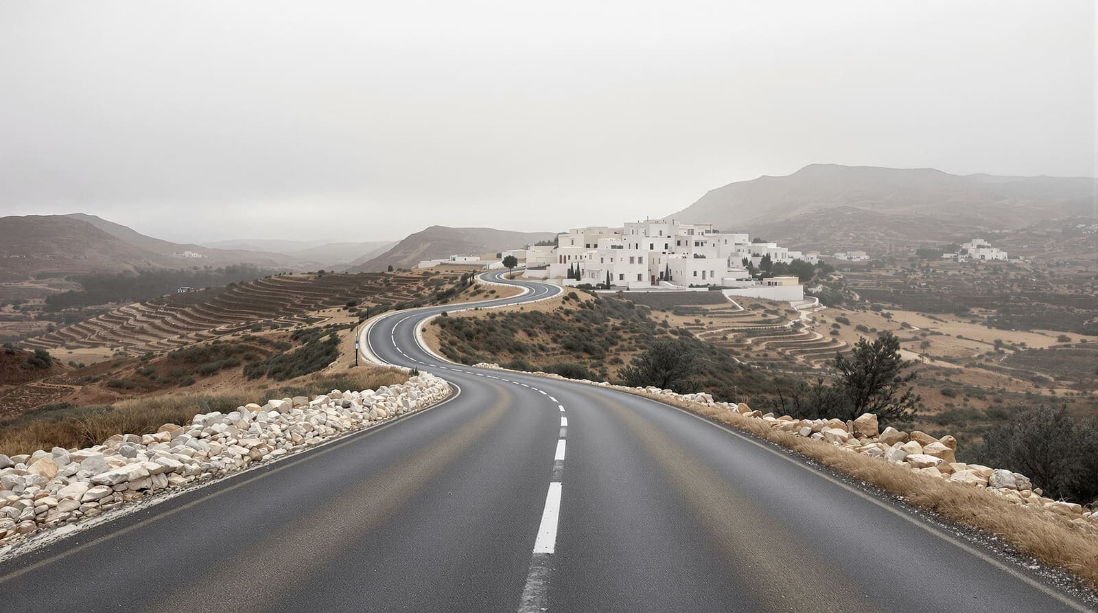 Illustration of an empty road winding through olive terraces toward a limestone hill village in the West Bank at grey dawn.