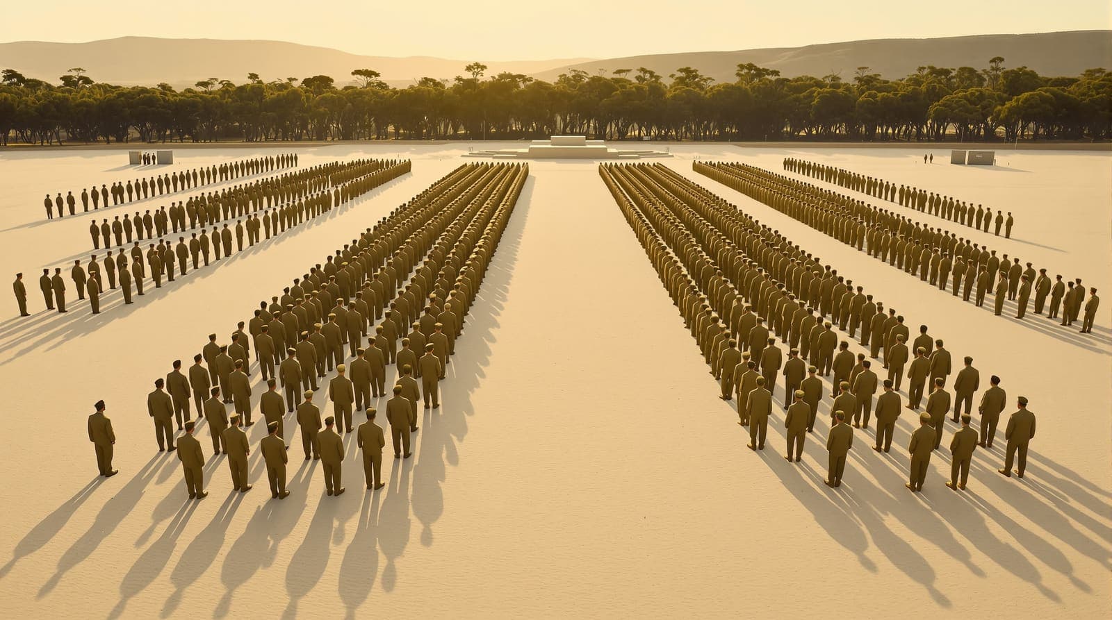 Illustration of long ranks of recruits seen from behind on a sandy parade ground at dawn, their shadows stretching toward the camera.