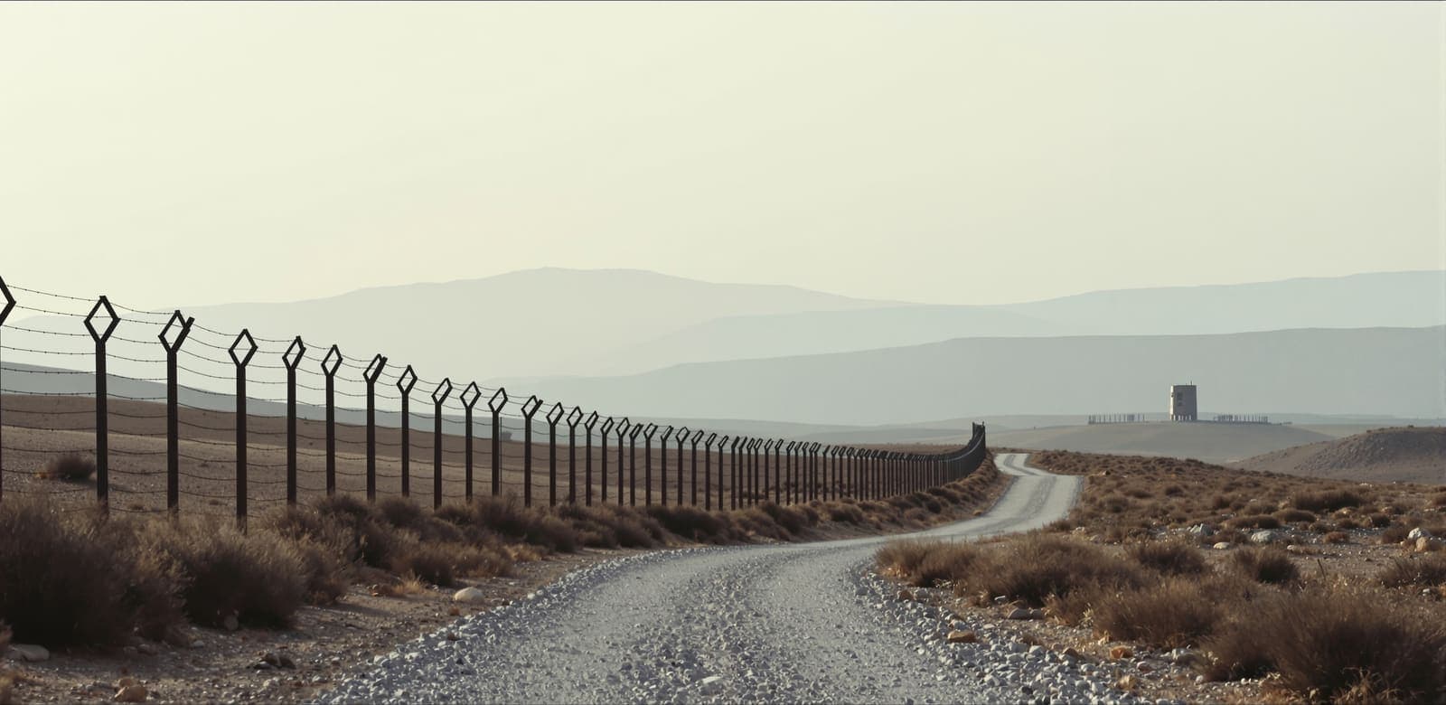 Illustration of a quiet border fence and gravel patrol track crossing Golan scrubland at dawn, with hazy ridgelines in the distance.