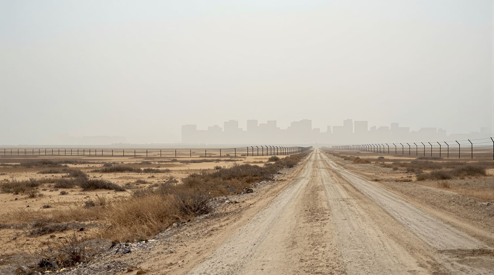 Illustration of the Gaza skyline seen hazed and distant across farmland and a border fence at dawn