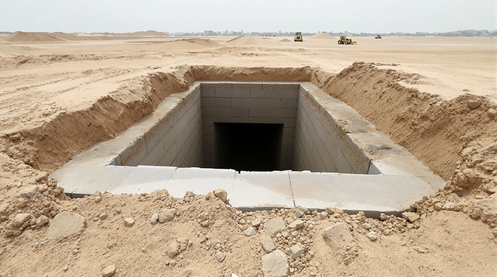 Illustration of an exposed concrete tunnel shaft in a sandy pit in northern Gaza, earthmoving machines tiny on a distant spoil heap.
