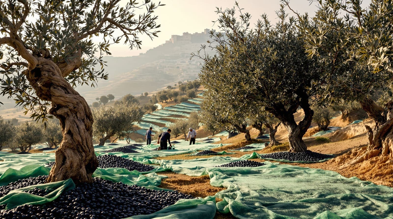 Illustration of terraced olive groves on a West Bank hillside at harvest time, with nets spread beneath the trees