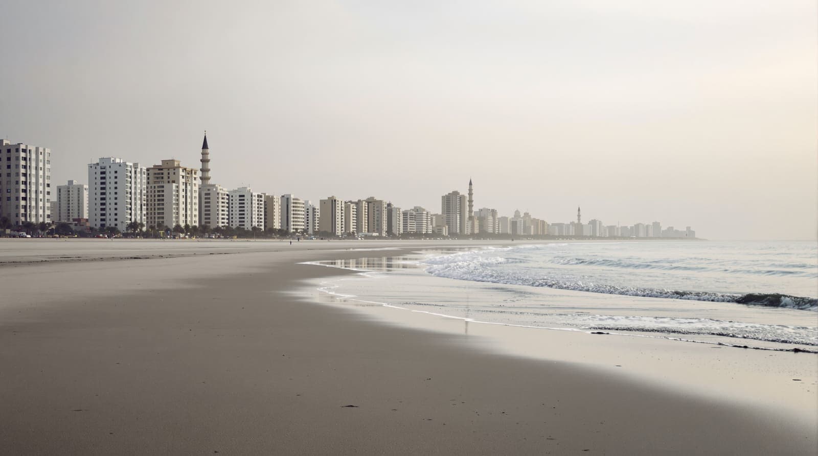 Illustration of the hazed skyline of Gaza City seen from far down the shoreline at dawn, a calm sea in the foreground.