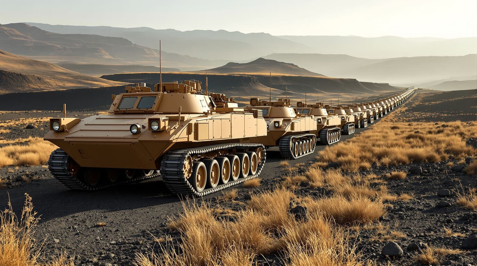 Illustration of tracked armoured carriers parked side-on across a basalt plateau in the Golan Heights at dawn, ridgelines hazed behind them.