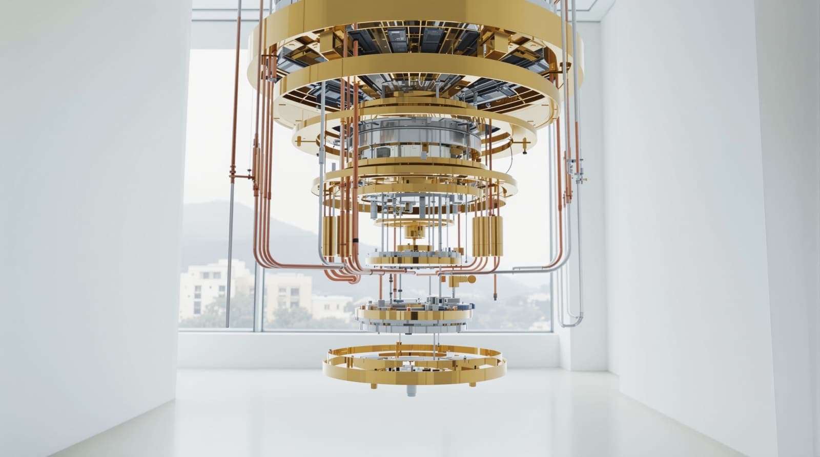 Illustration of a gold quantum computer refrigerator in a bright laboratory with pale limestone buildings visible through a window.