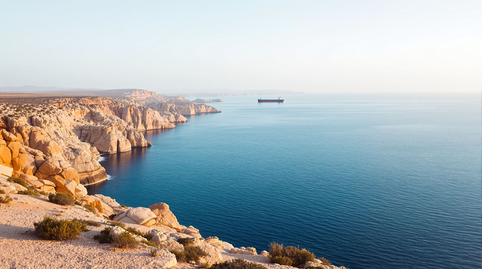 Illustration of a narrow sea channel between arid headlands at dawn, with a distant tanker on the horizon in morning haze.