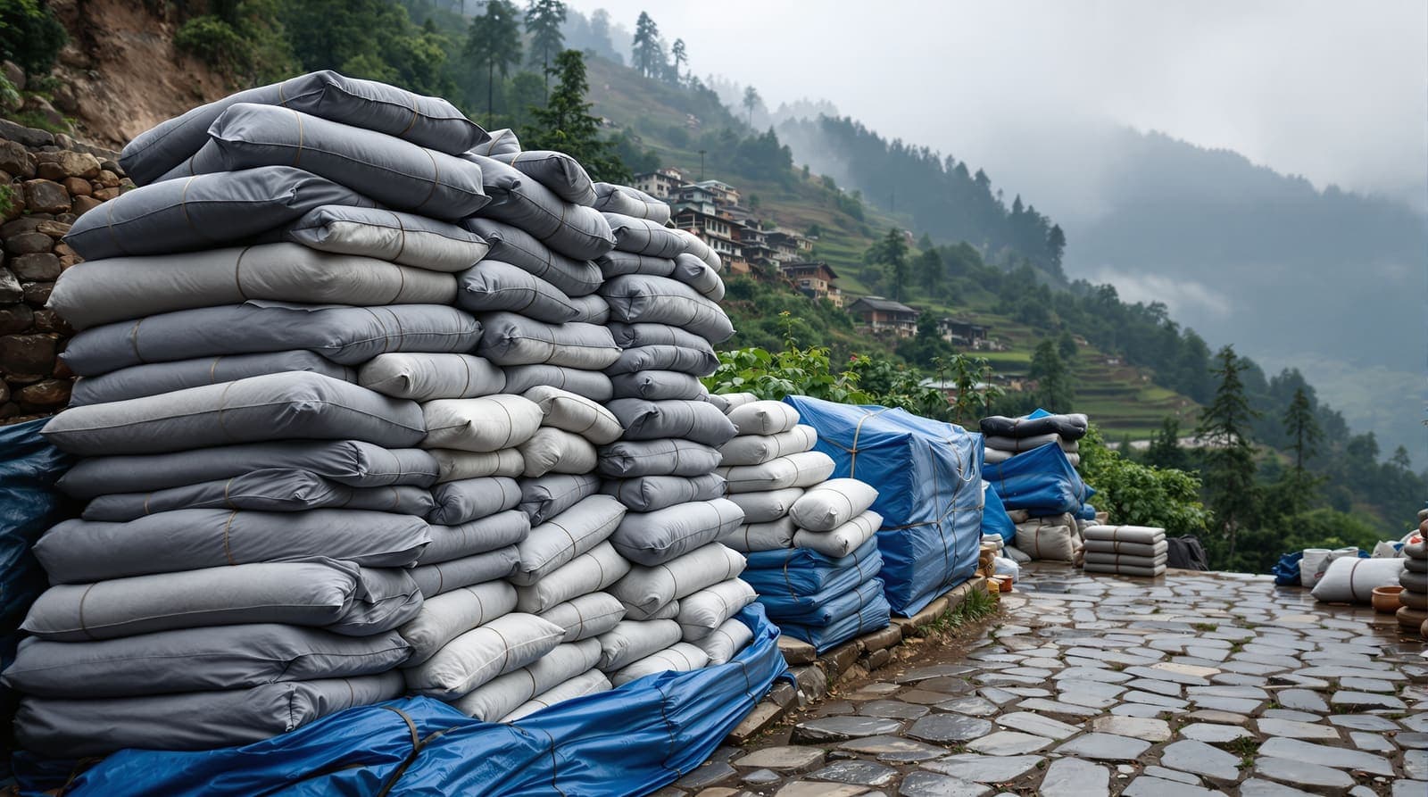 Illustration of folded blankets, rolled mattresses and pillows stacked on a tarpaulin beside a stone trail in a Nepali hill village.