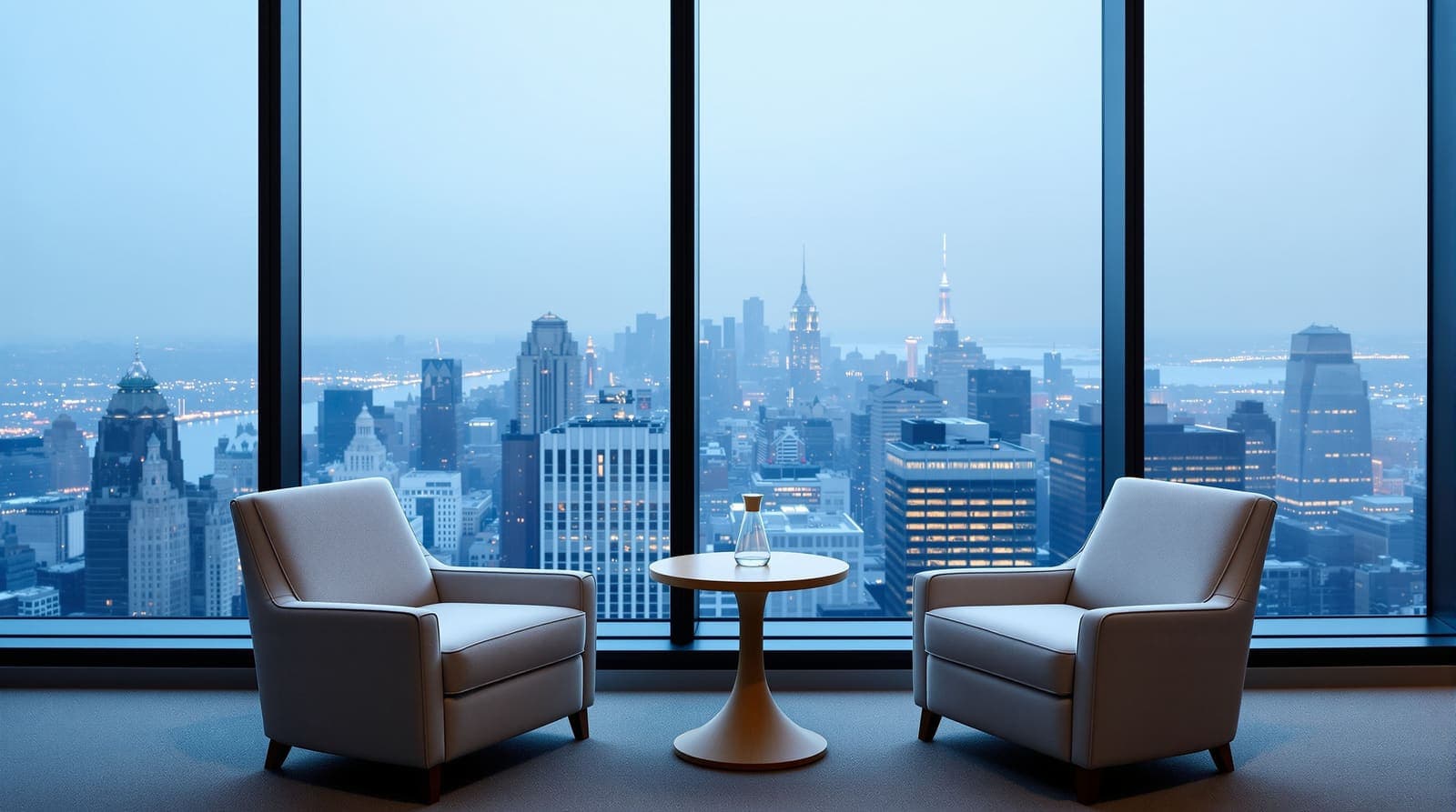 Illustration of an empty upper-floor lounge with two armchairs facing a window above the hazy Manhattan skyline at dusk.