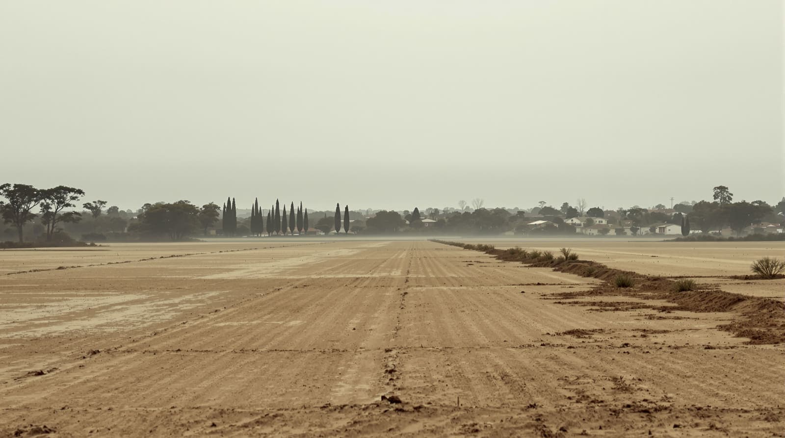 Illustration of a distant urban skyline seen across flat scrubland and farmland in pale hazed dawn light.