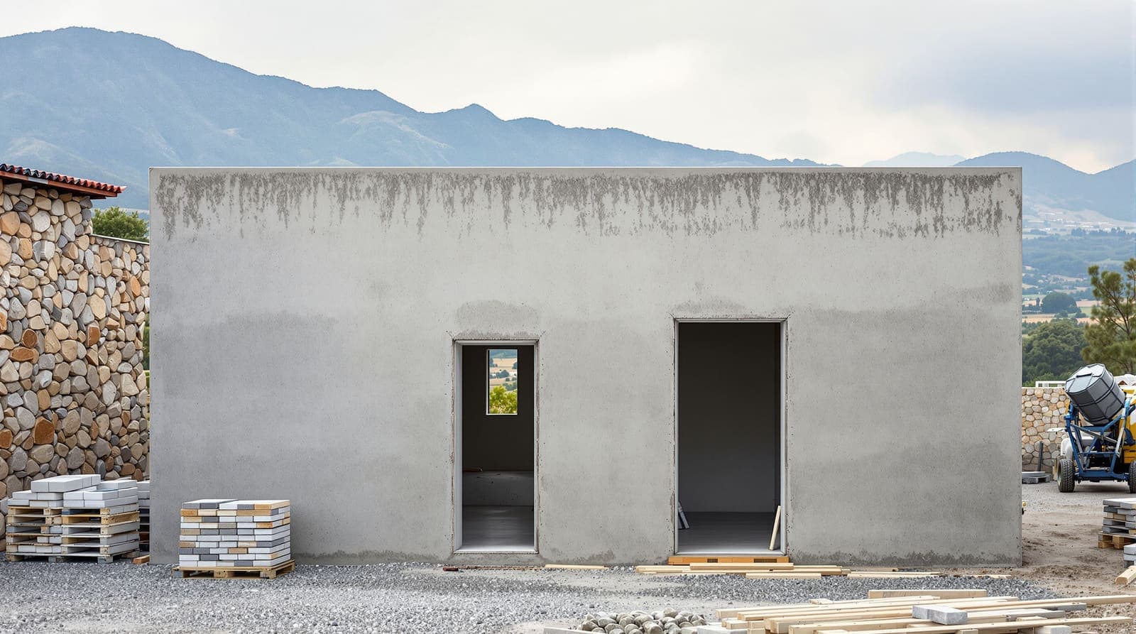 Illustration of a reinforced concrete safe-room shell under construction beside a stone house in a Galilee village at morning.