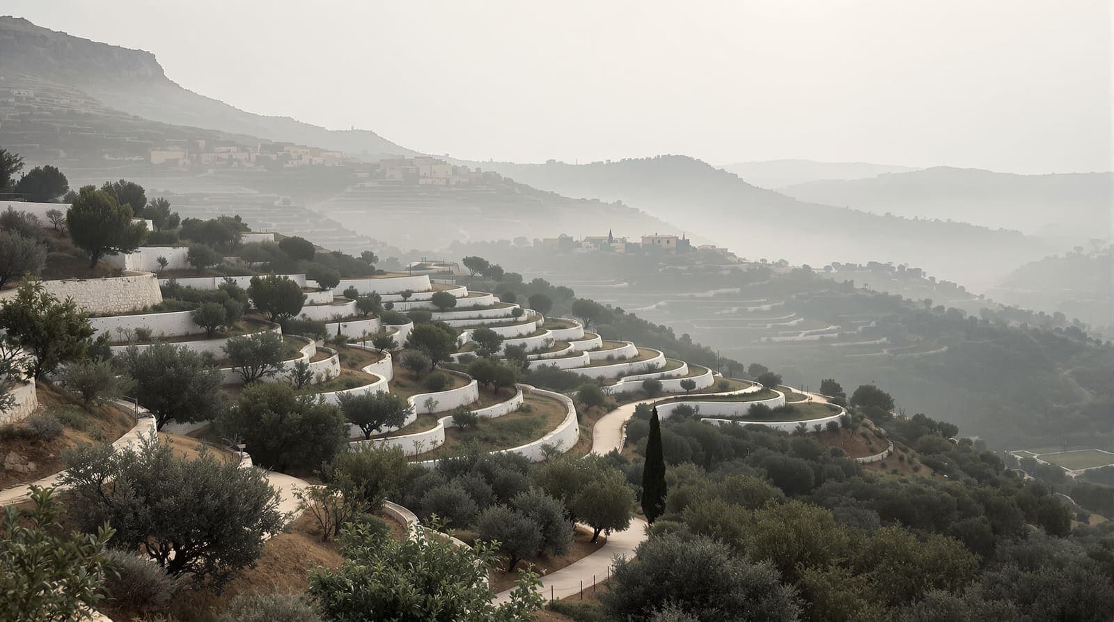 Illustration of terraced olive groves and an empty dirt road below a distant stone village on misty Samaria hills at dawn.
