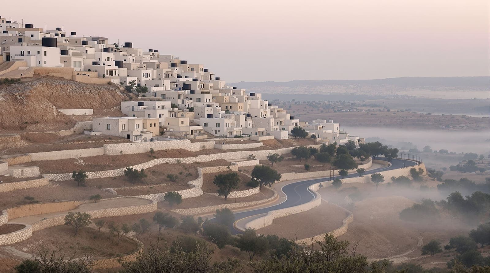 Illustration of the hillside town of Qabatiya in the northern West Bank at first light, seen from a distant ridge across olive groves.