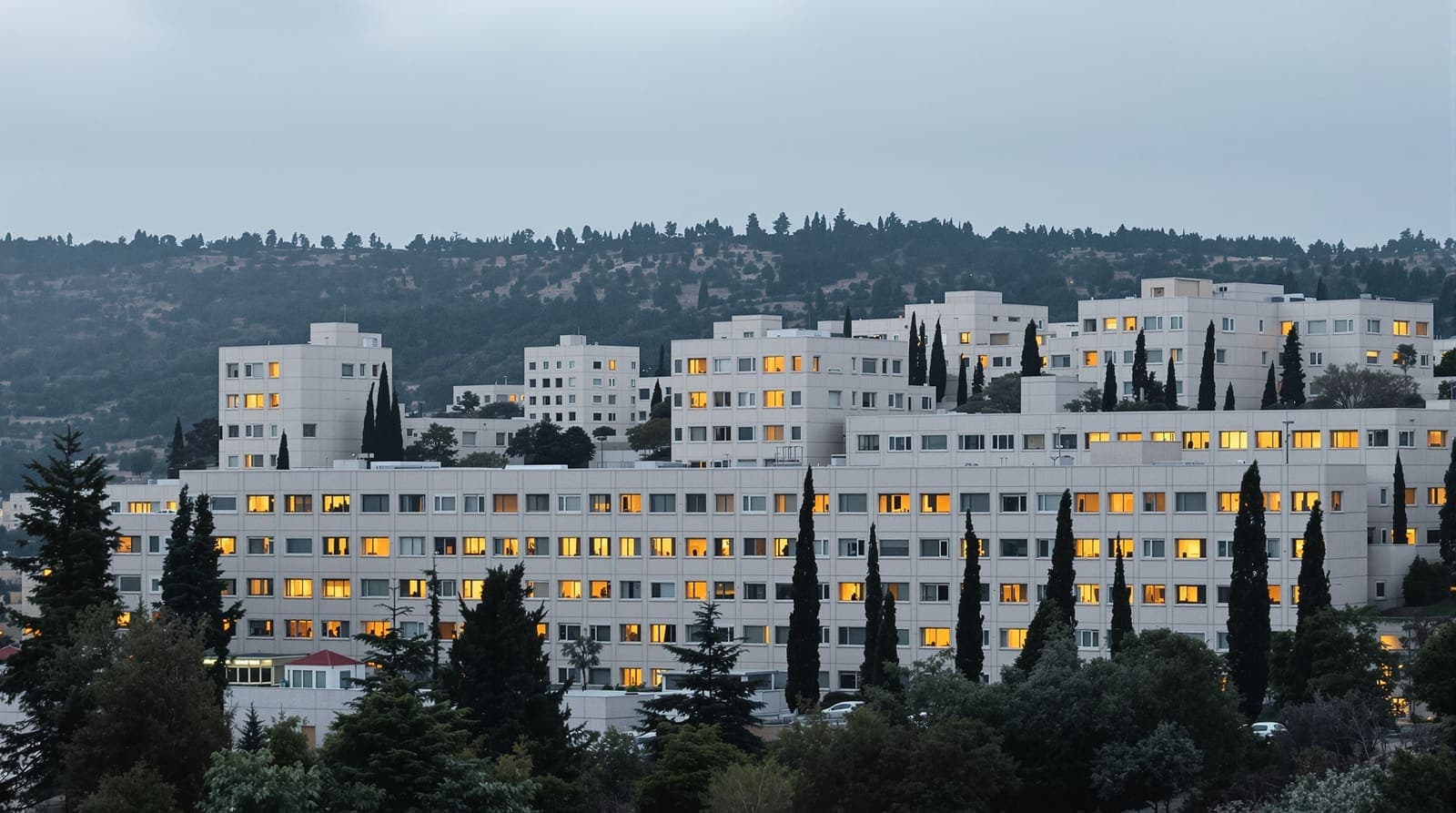 Illustration of pale limestone government office blocks on Givat Ram in Jerusalem at dusk, seen across a slope of pines with their windows lit.