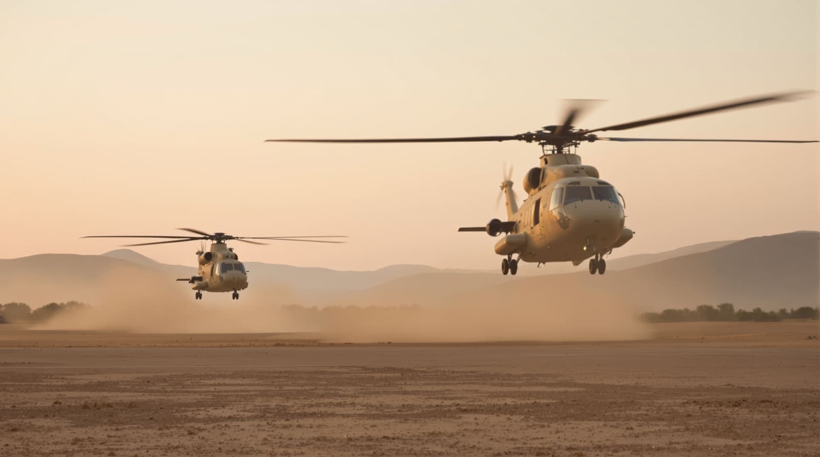Illustration of transport helicopters lifting from a dusty staging field beside scrub hills at dawn.