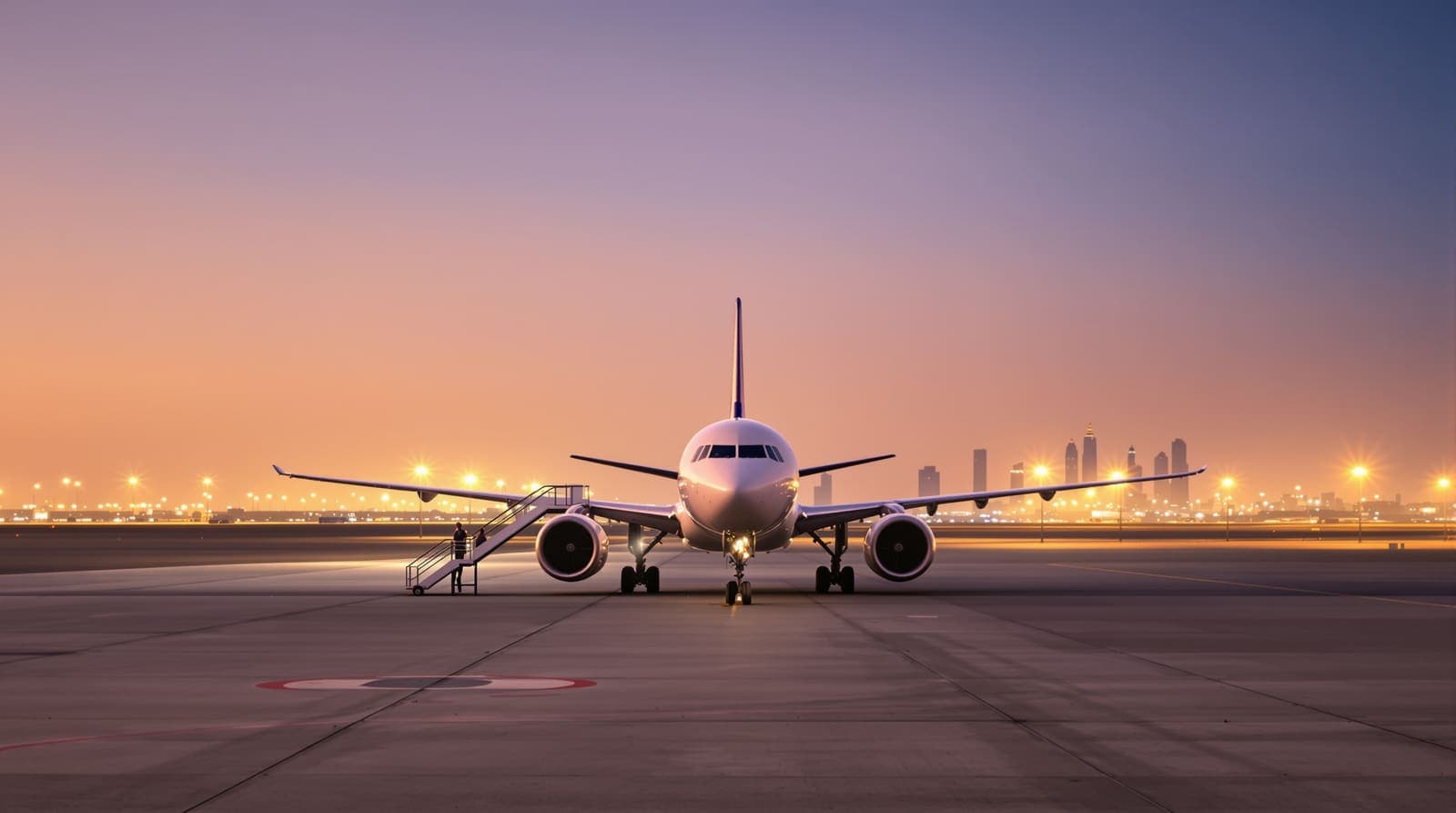 Illustration of a lone airliner parked on an empty airport apron at dusk with a hazy desert city skyline in the distance.