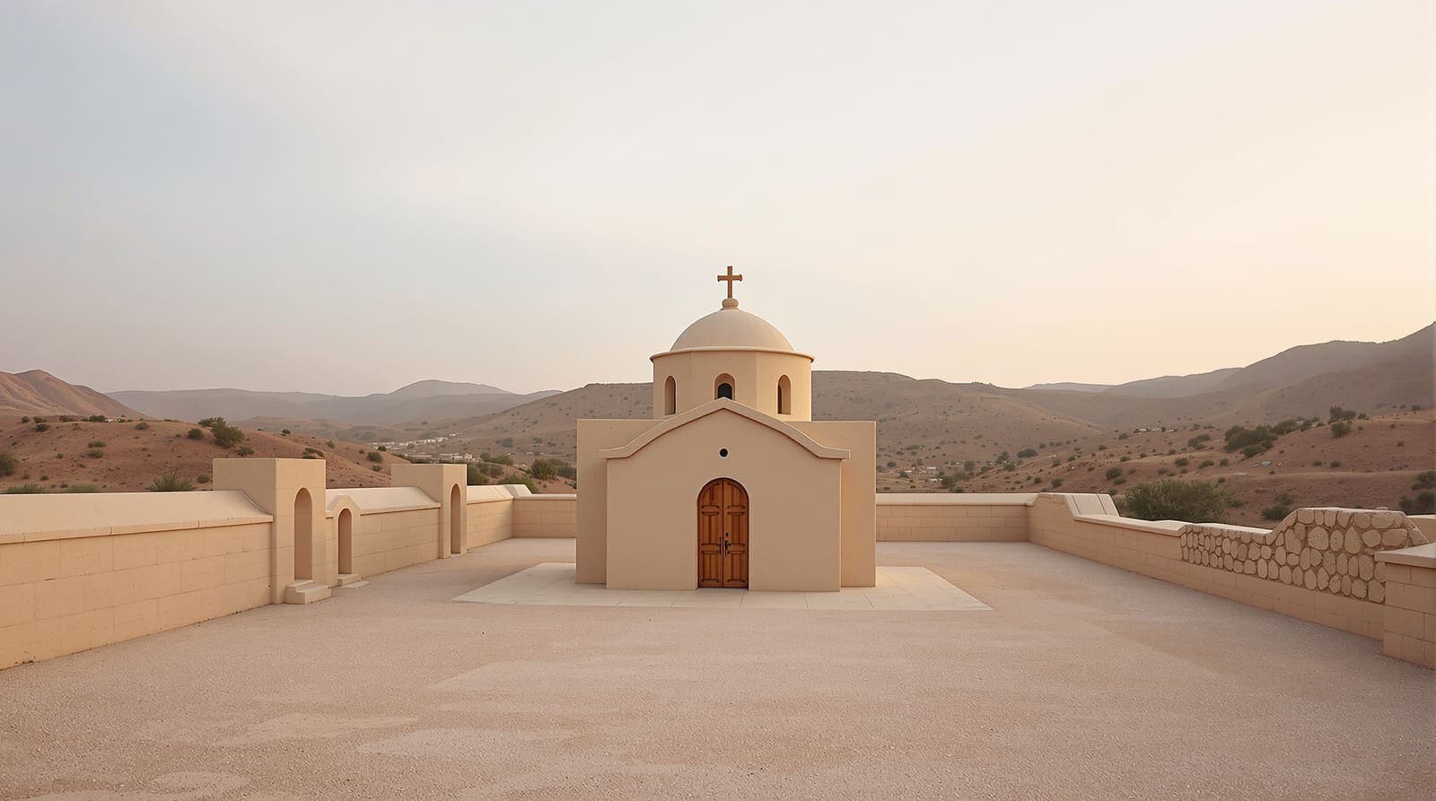 Illustration of a small limestone Orthodox church and its empty courtyard in a hill village in southern Jordan at dawn