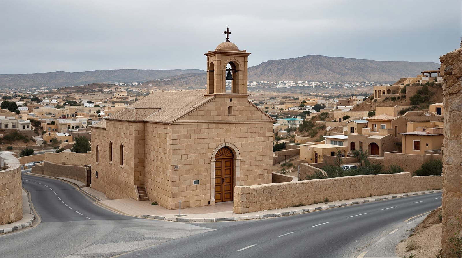 Illustration of a quiet limestone church among stone houses on a hillside in Karak, southern Jordan, at dawn