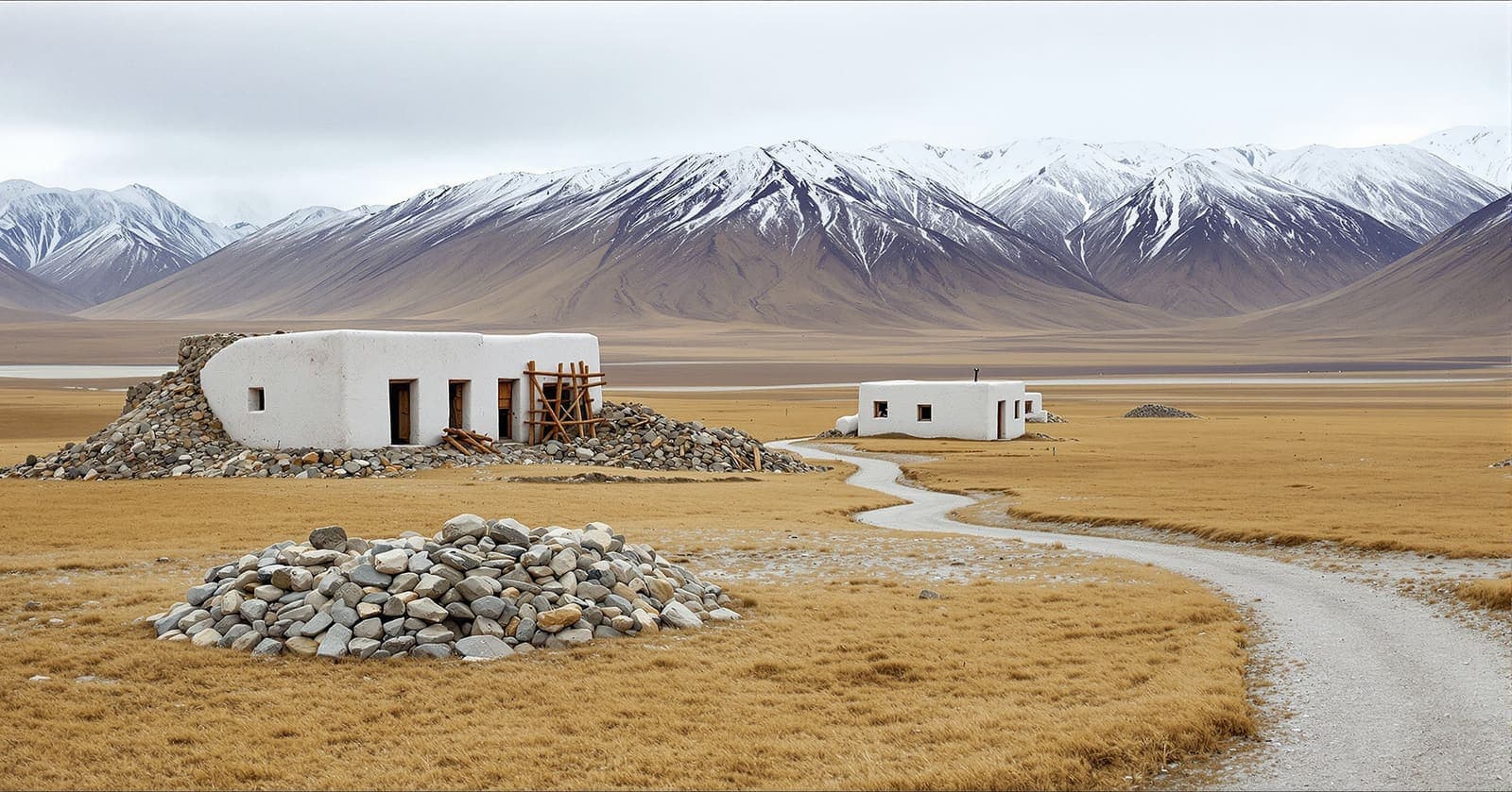 Illustration of a remote village of stone houses on the high Tibetan plateau grassland beneath snowy ridges on an overcast morning.